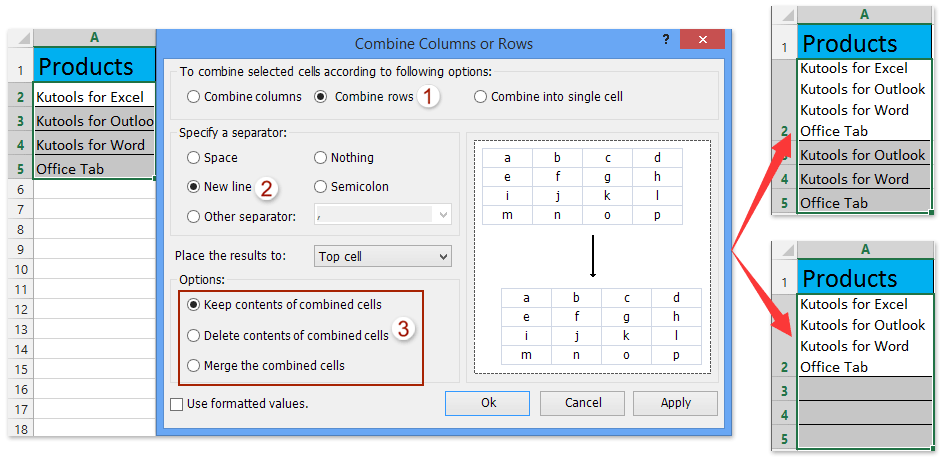 ad combine rows columns newline