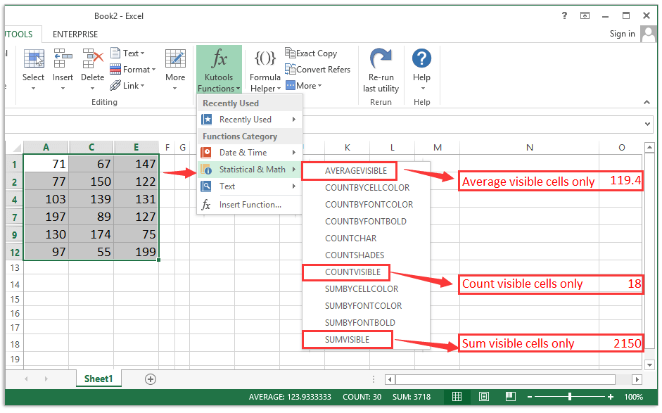 ad sum count average visible cells only