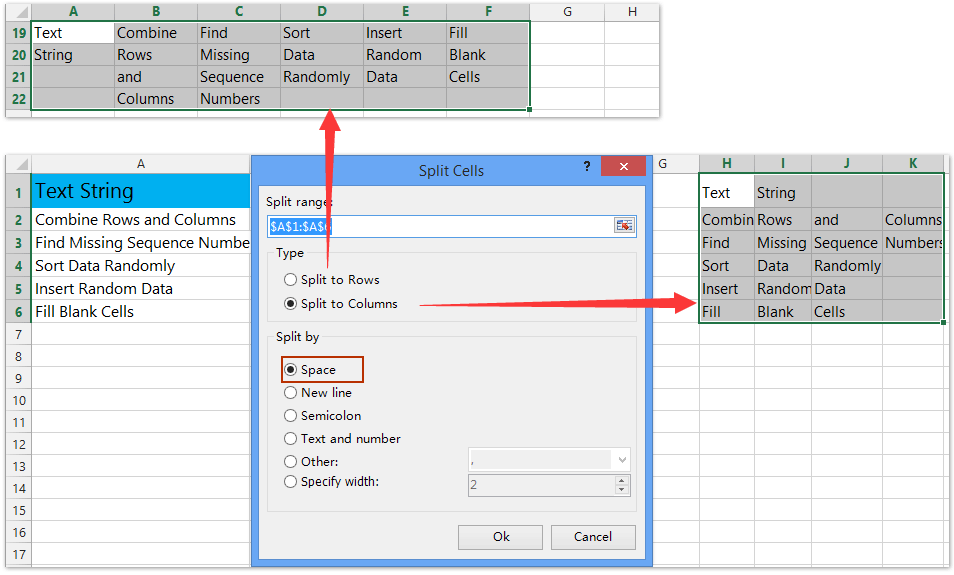 ad split cell to rows columns