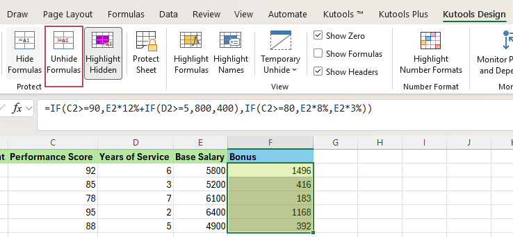 Click Unhide Formulas
