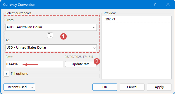 configure the  options in dialog box