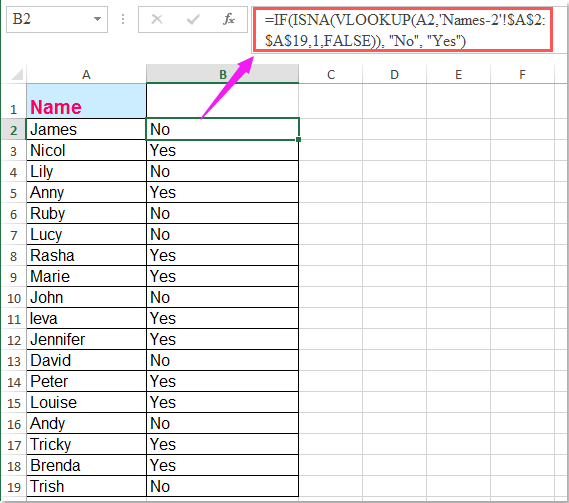 doc vlookup déan comparáid idir dhá bhileog 5