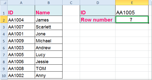 How to vlookup to get the row number in Excel