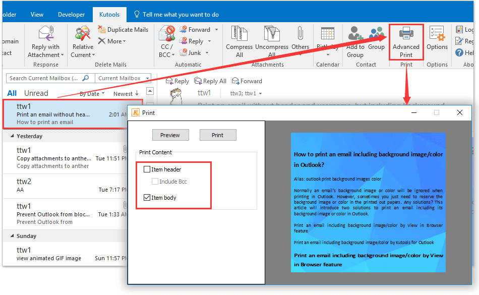 print e-mails zonder koptekst