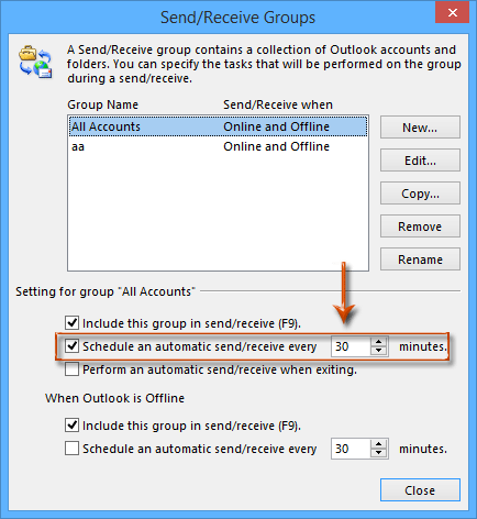 send receive options in Outlook