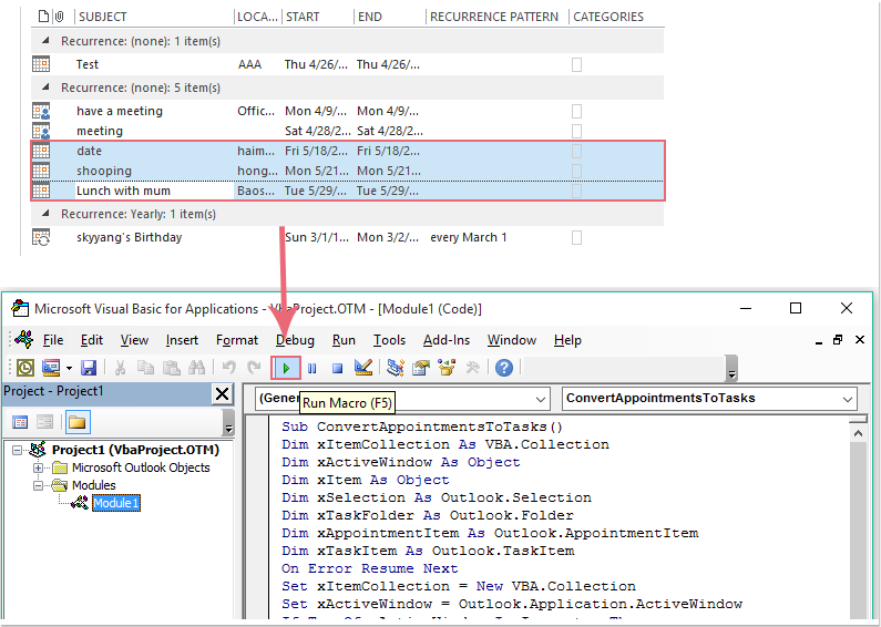 convert appointment to task in outlook