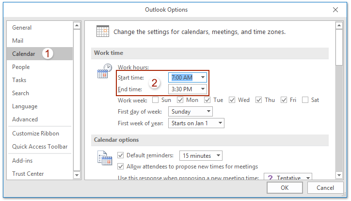 How to change time range for Outlook calendar?
