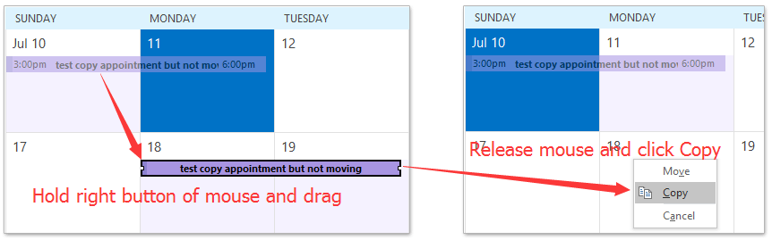 How to copy an appointment to another day in Outlook calendar?