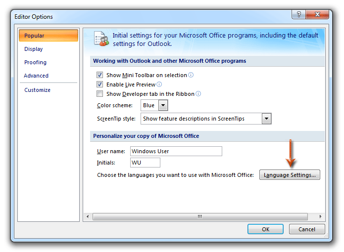 How to change the default language in Outlook?