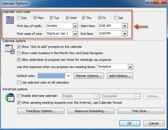 set work hours in outlook