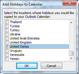 Add Holidays to Calendar dialog