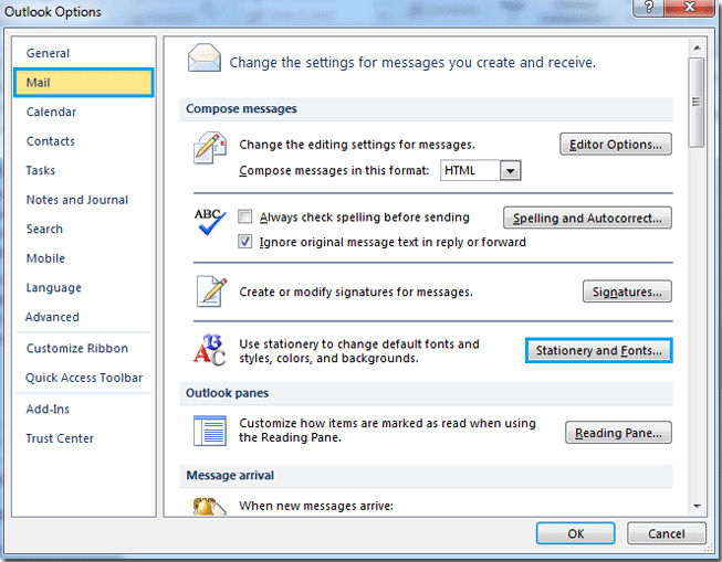 How to change email default font settings and theme in Outlook?