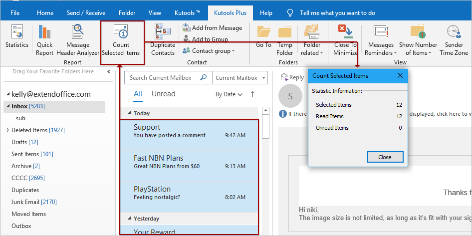 outlook for mac read email count