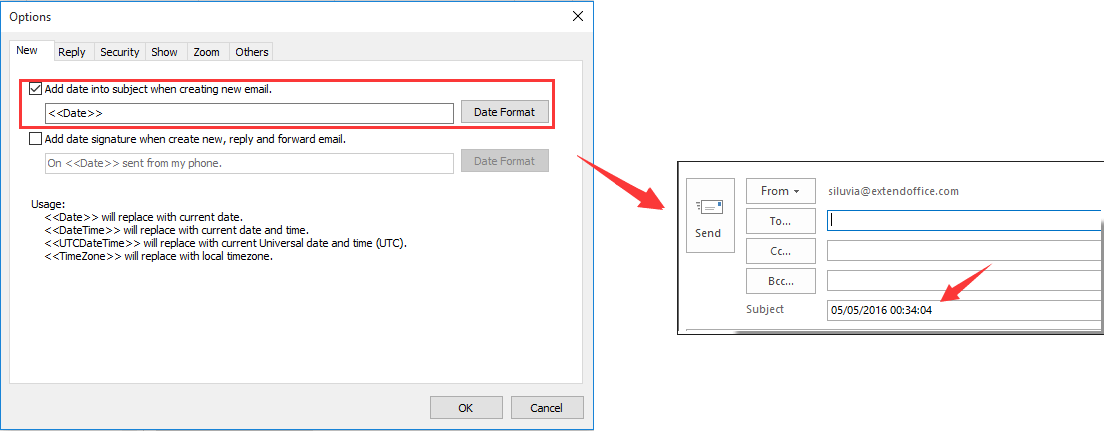 outlook quick steps insert date