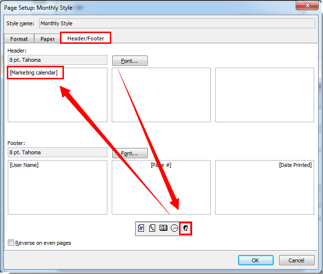 the screenshot of step about printing outlook calendar name in header 4