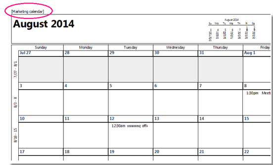 the screenshot of step about printing outlook calendar name in header 5