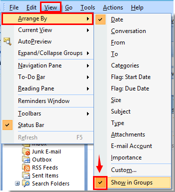 outlook remove date headers separator grouping under groups search group arrange uncheck section note screenshot then