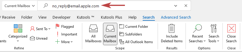 shot of the sender’s email address into the Search bar