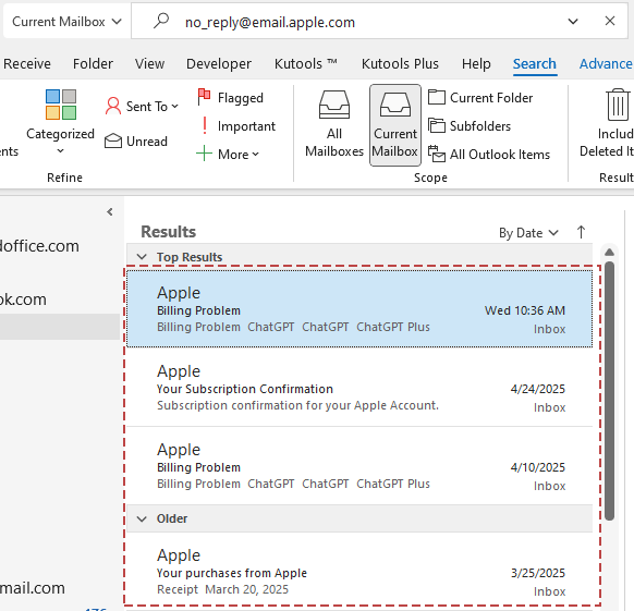 shot of all emails that include the entered address