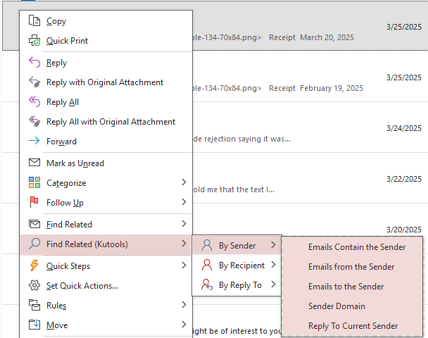 shot of quick asscess to Search by Sender of Kutools