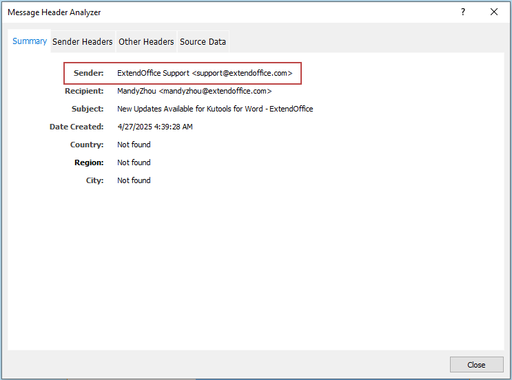 shot of sender’s full email address