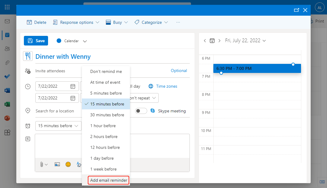 How to set an email reminder for an Outlook event?