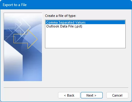 Choose Comma Separated Values (CSV) as the file type