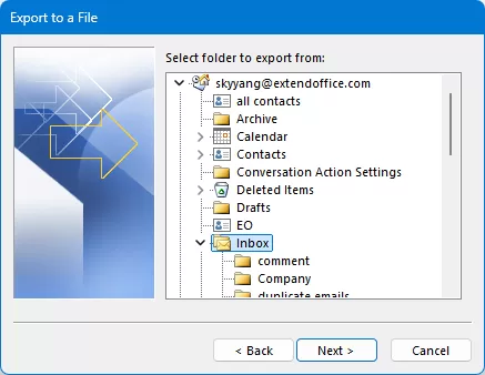 Select the email folder you want to export 