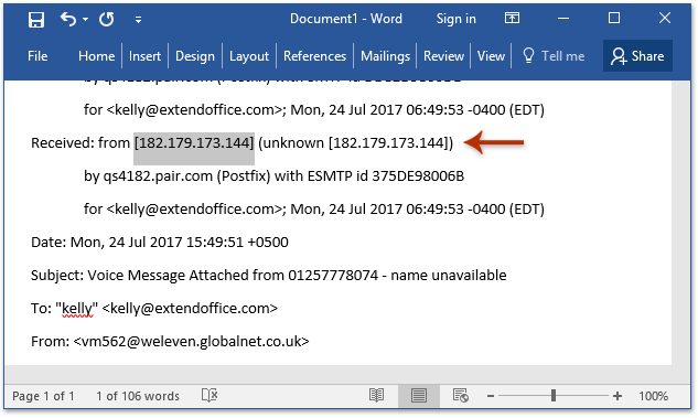 How to find IP address of sender from incoming email in Outlook?