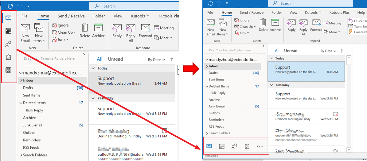 How to move navigation bar from left side to the bottom in Outlook?