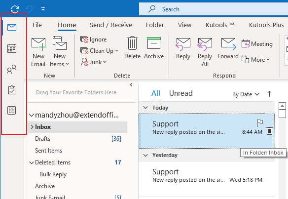 How to move navigation bar from left side to the bottom in Outlook?
