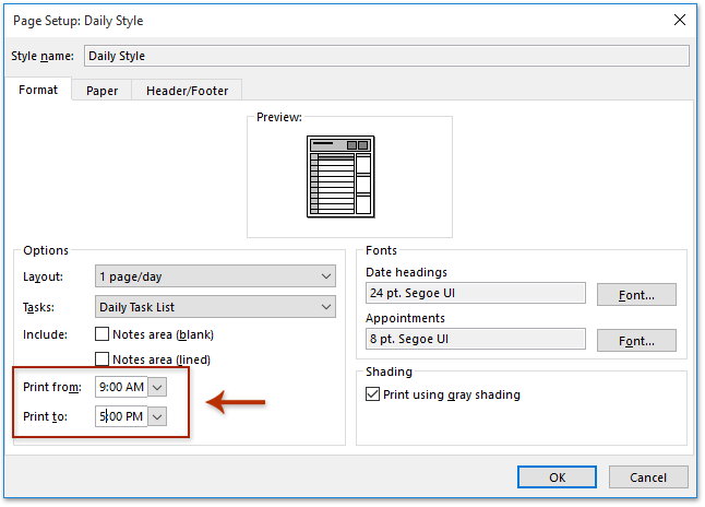 How to print an Outlook calendar in 15 minute increments?