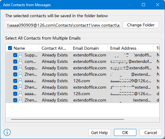 Add contacts from selected emails in Outlook