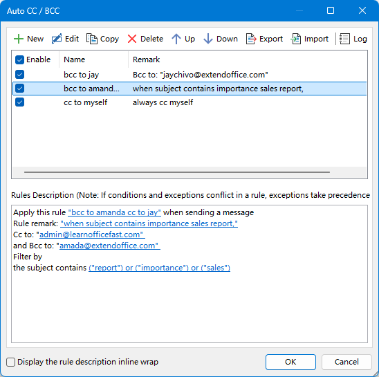 Auto CC and BCC by rules in Outlook