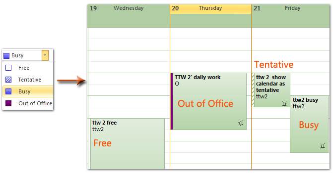 Outlook: Show calendar as busy, free, tentative, and out of office