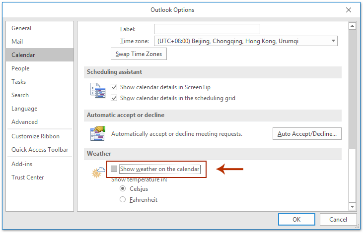 How to show or hide the Weather Bar above Outlook calendars?
