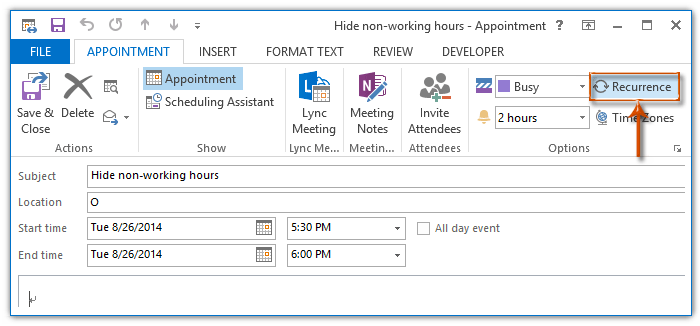 can you set work hours in outlook without an appointment