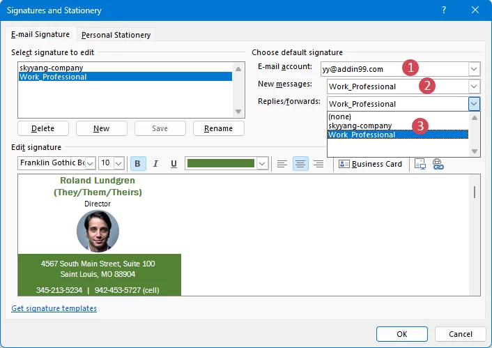 Choose default signature for new or reply