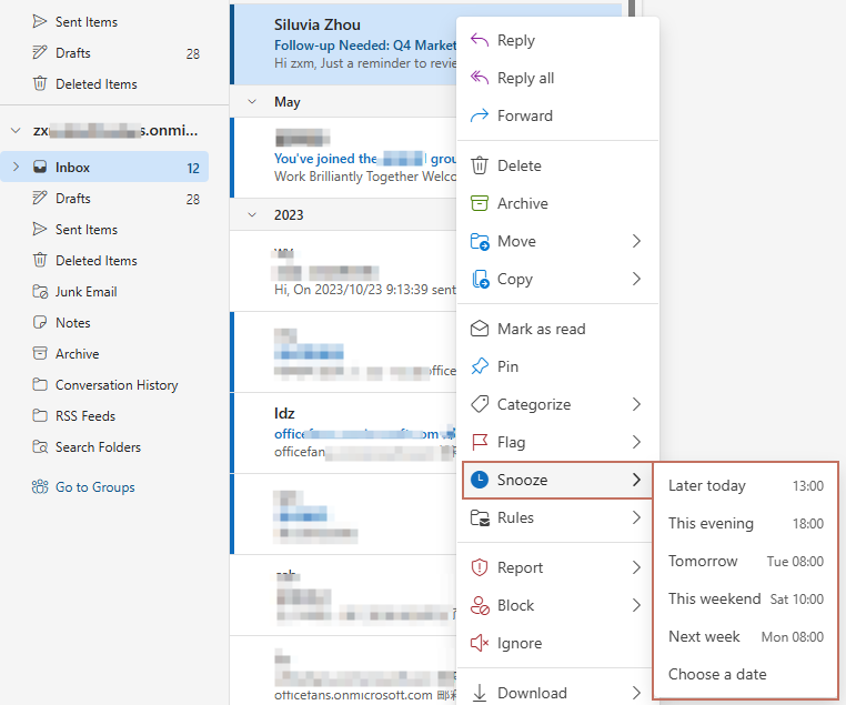a screenshot showing how to use snooze in Outlook web