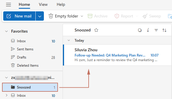 a screenshot showing the snoozed folder in Outlook web