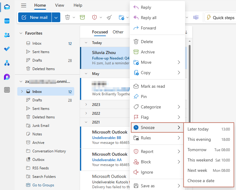 a screenshot showing how to use snooze in new Outlook