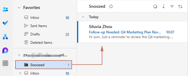 a screenshot showing the snoozed folder in new Outlook
