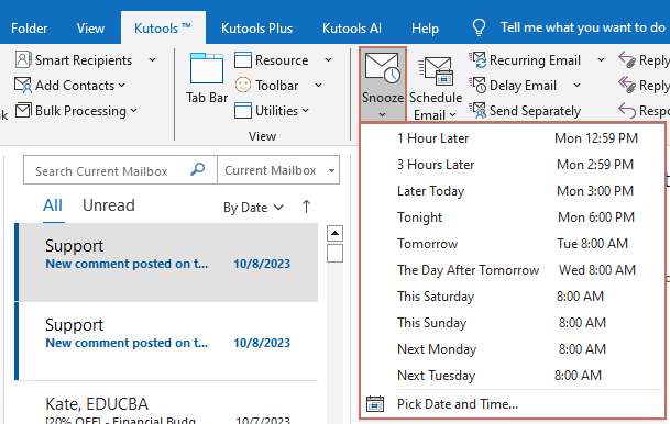 a screenshot showing how to use snooze in Outlook desktop