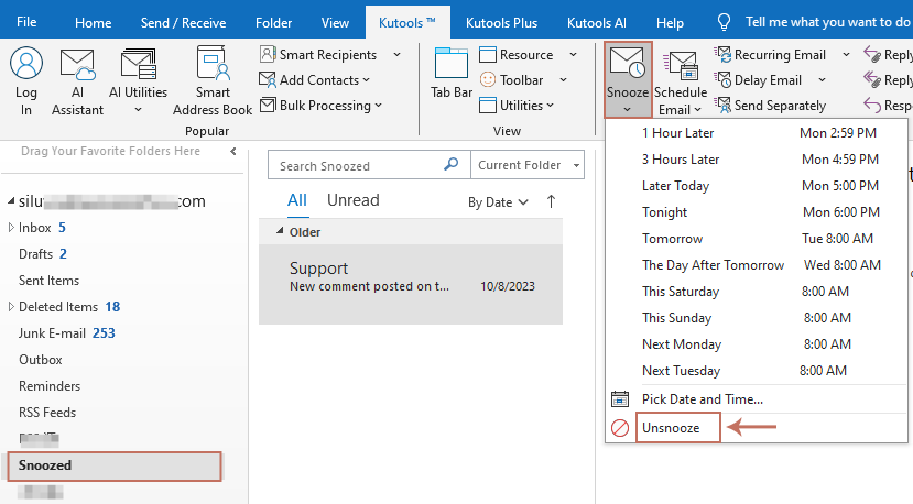 a screenshot showing how to unsnooze an email