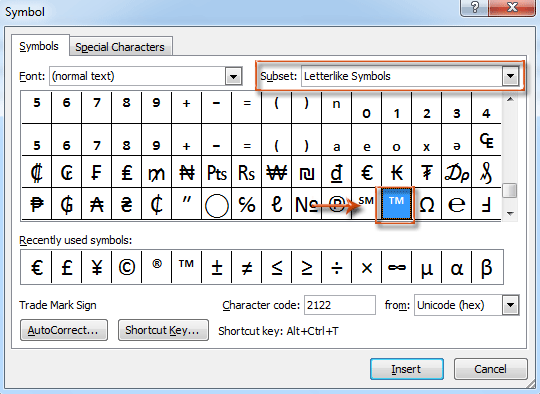 shortcut keys for symbols in microsoft word 2007