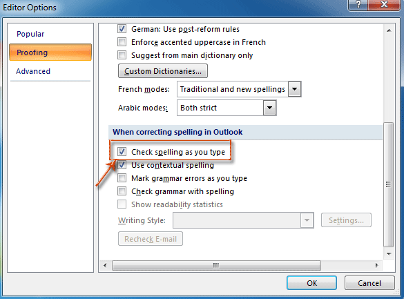 microsoft outlook spell checker