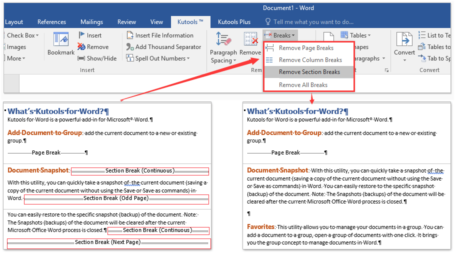 delete section break in word 365