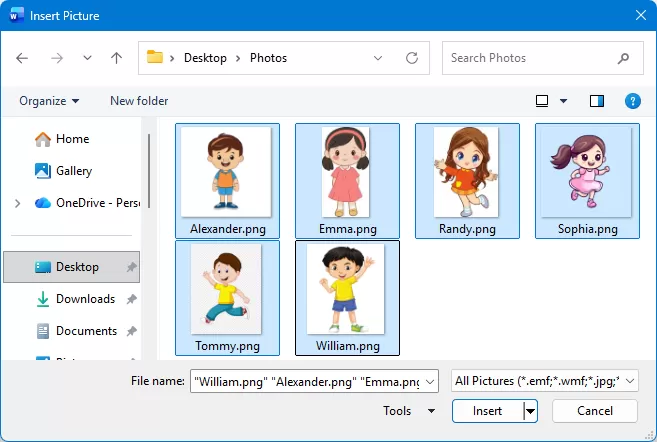 select the images to insert