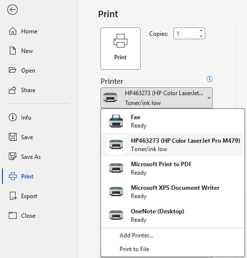 Printer selection in Word