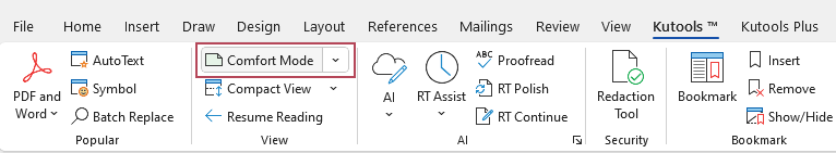 Comfort Mode in Kutools for Word